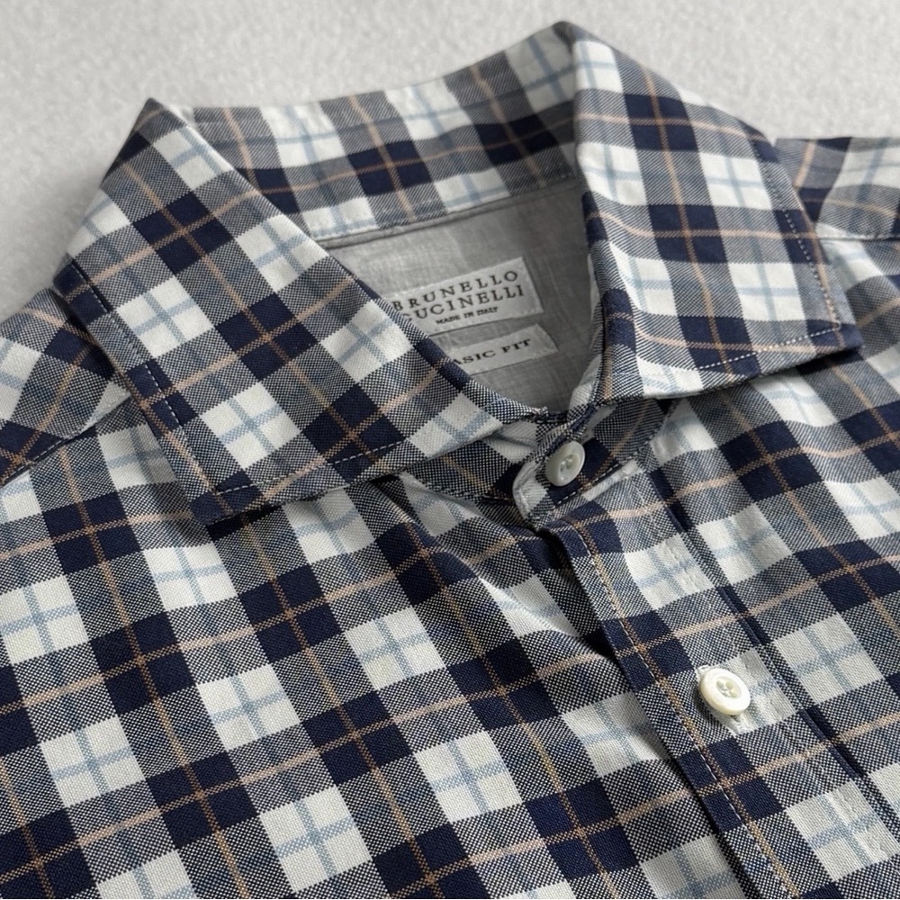 Brunello Cucinelli Men's Plaid Basic Fit Button Up Dress Shirt Blue Large